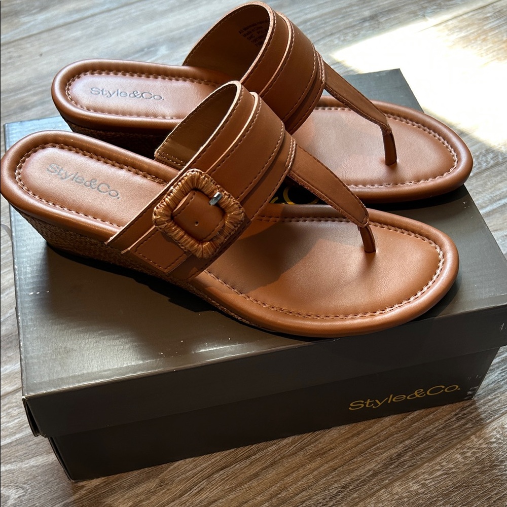 Style & Co. Tan Wedge Thong Sandals with Decorative Buckle